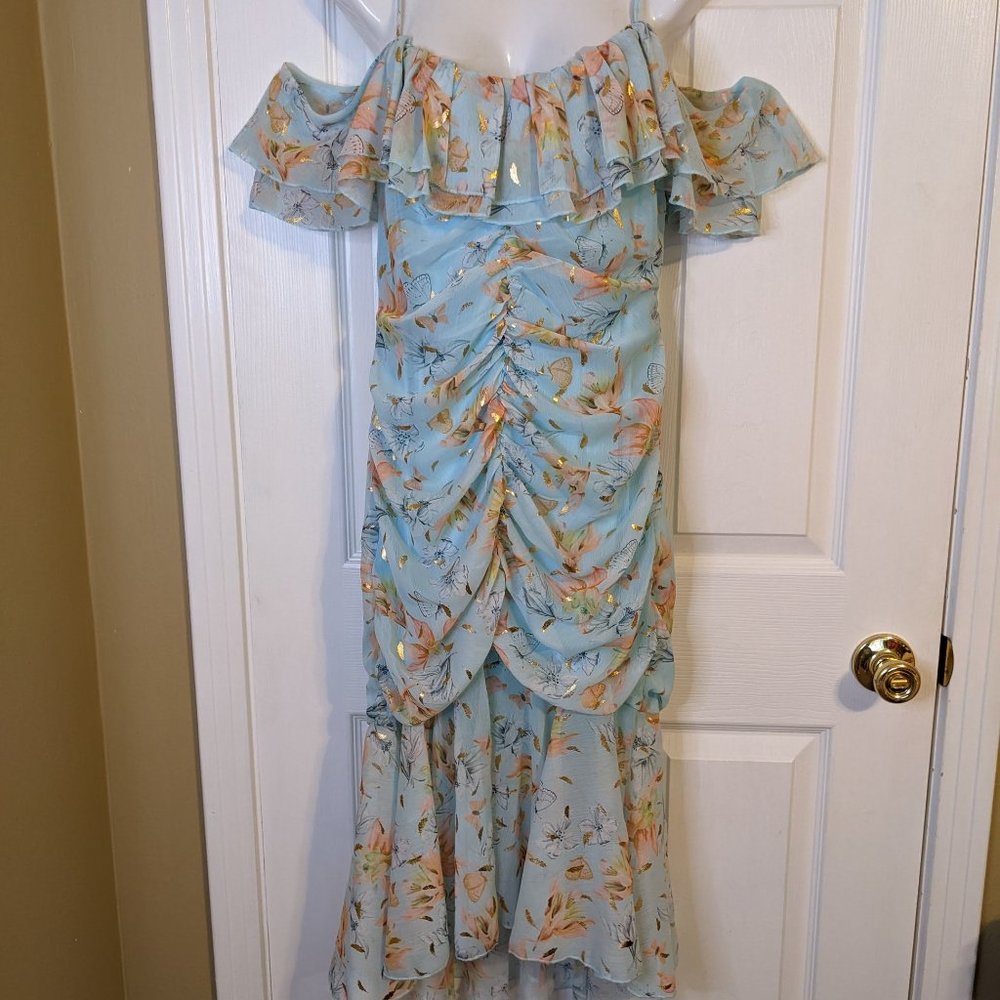 Fanco Baby Blue Floral Cold Shoulder Ruffle Ruched Hi Lo Long Midi Dress - M